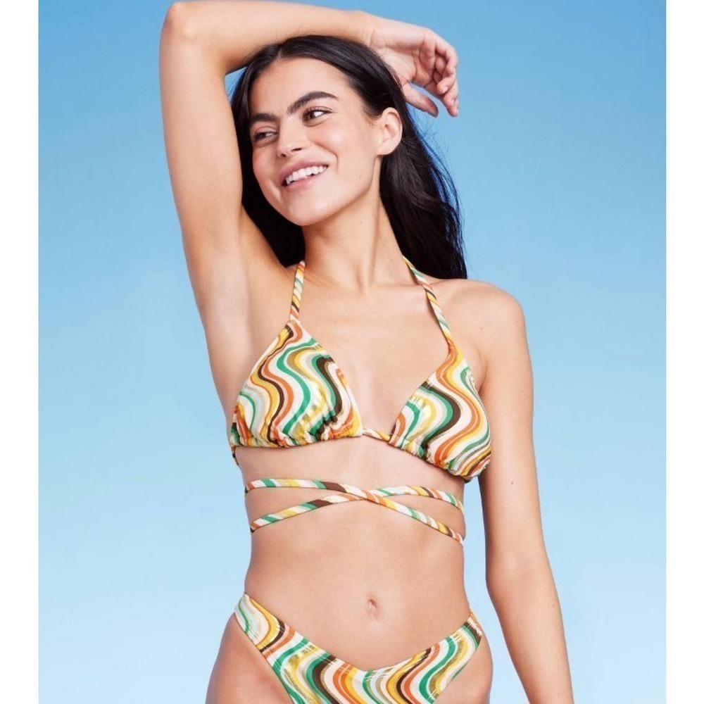 Wild Fable Retro Psychedelic Wave Print Wrap Triangle Bikini Top Orange Green M‎